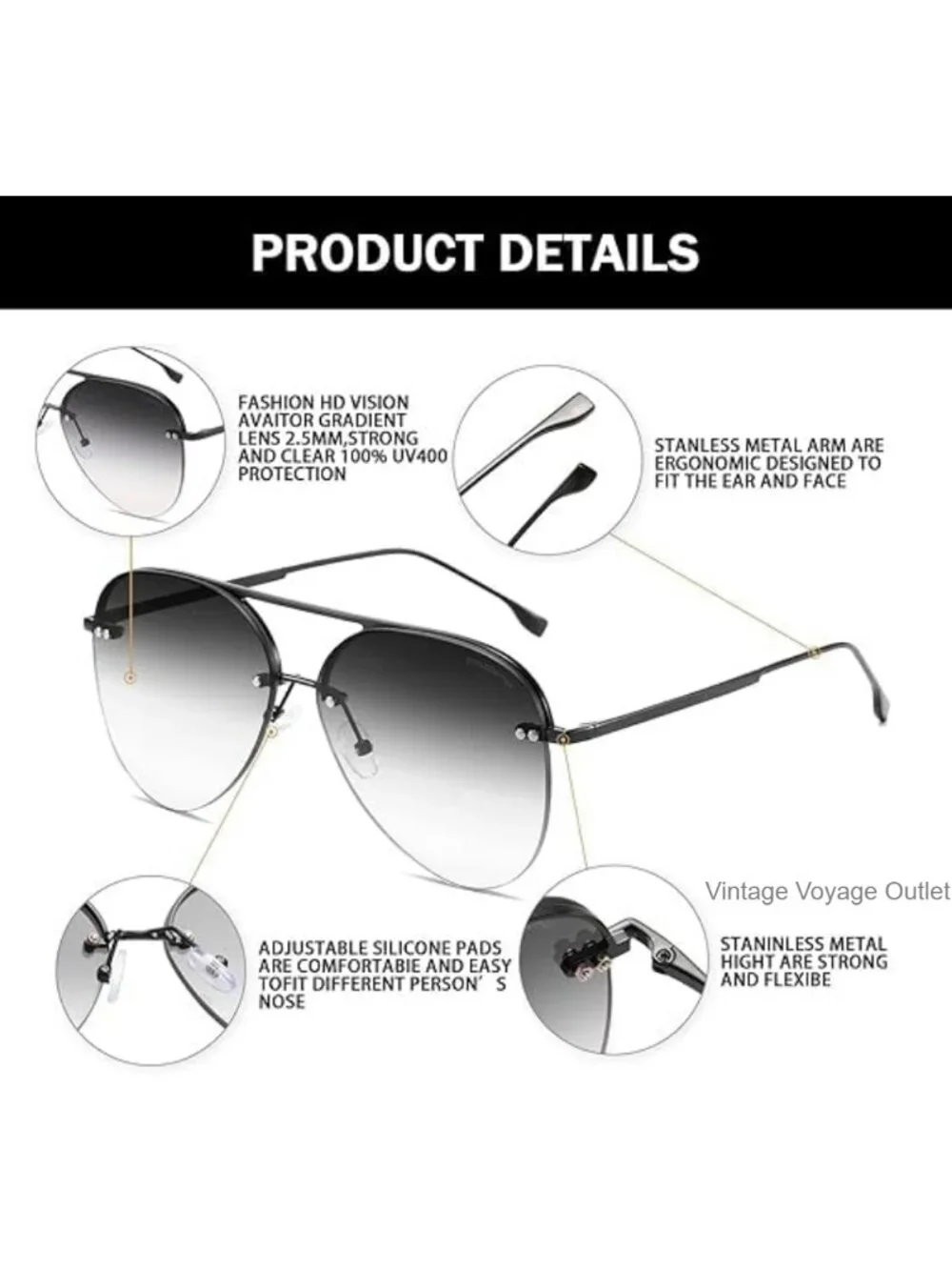Vintage Rimless Aviator Sunglasses Oversized Women UV400 Stainless Steel